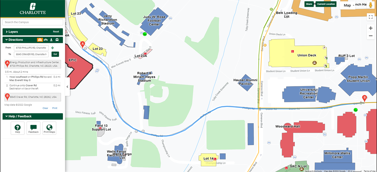 Google Maps Directions embedded into the campus map.