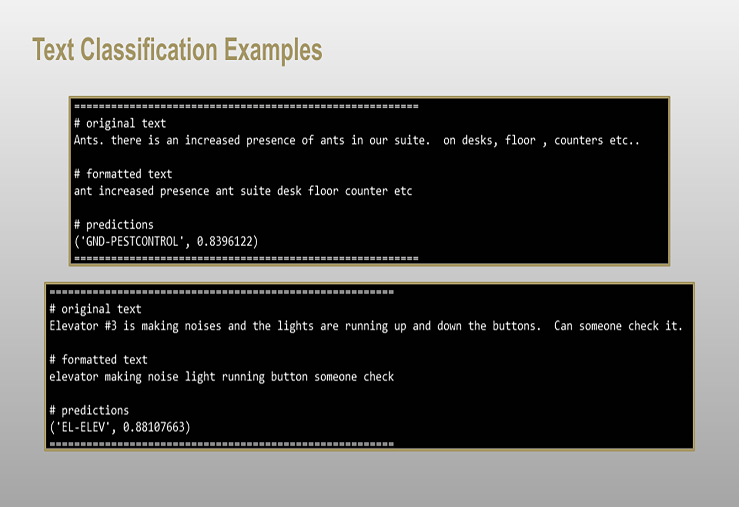 Problem type classication results, the example shows both the original text the user submitted in the work request and the prediction of     what problem category the work request should be classified as.