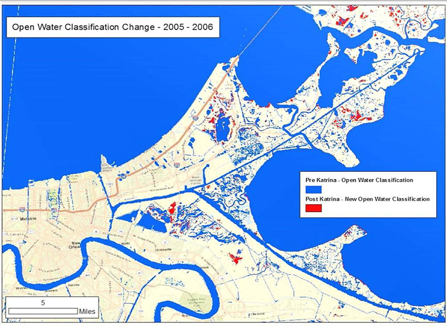 Comparing Open Water classification changes pre Katrina overlayed with new areas classified as Open Water post Katrina.