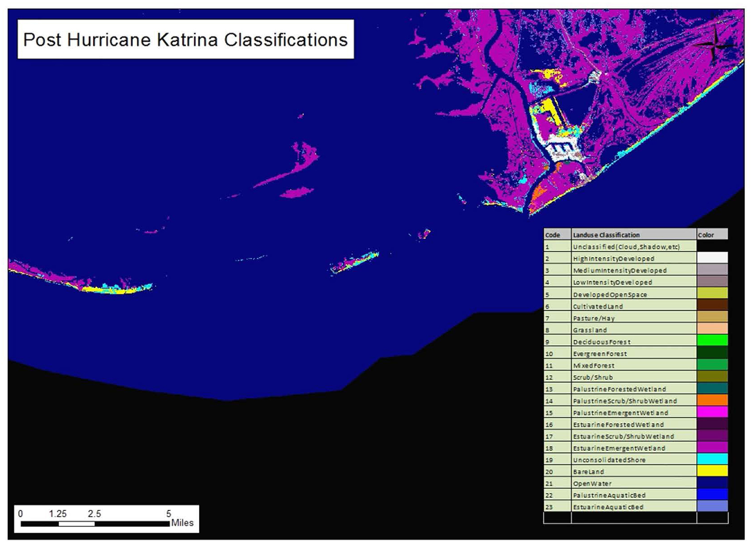 The Post Katrina classification shows a lot of the shoreline (cyan) wiped away in place of Open Water.