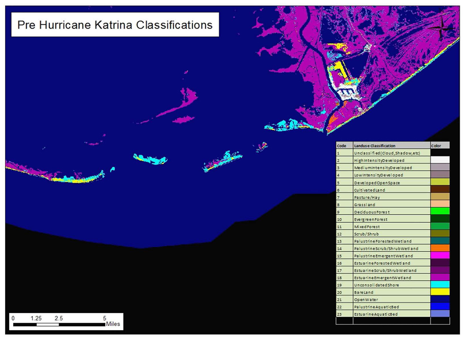 Pre Katrina land classification, the cyan pixels show shoreline and was used with post Katrina data to show soil erosion.