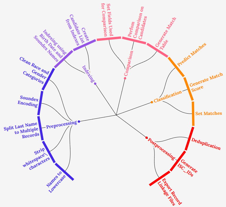 Visualization summarizing the different steps to link people across datasets.