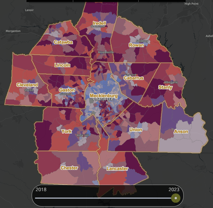 Bivariate choropleth map showing how two variables are correlated.