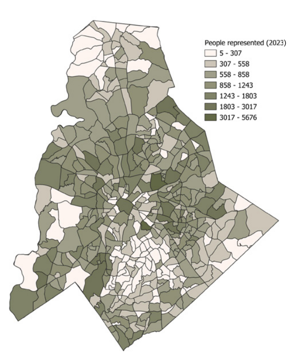 People in the Data Trust are represented in every NPA, with the lowest numbers in south and southeast parts of the county.